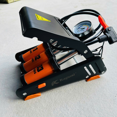 Bơm đạp chân xe đạp xe máy KAPUSI 3 ống xilanh bền đẹp - màu cam đen