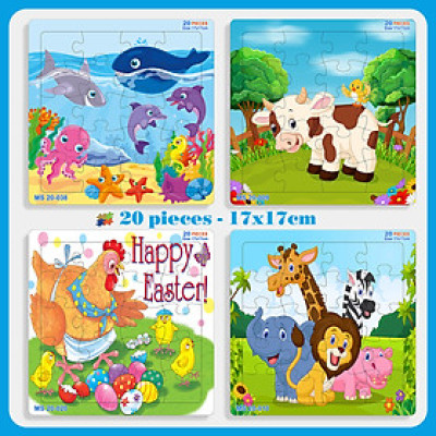 05 bộ tranh xếp hình 20 mảnh size 17x17cm – đồ chơi trí tuệ cho bé từ 2 tuổi – Combo Động vật dễ thương 2