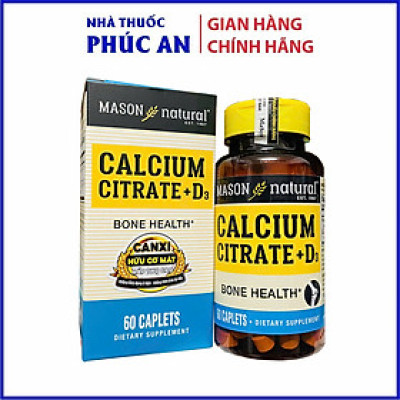 Viên uống bổ sung Canxi hữu cơ + Vitamin D3 cho bà bầu Mason Natural Calcium Citrate + D3 Mỹ 60 viên