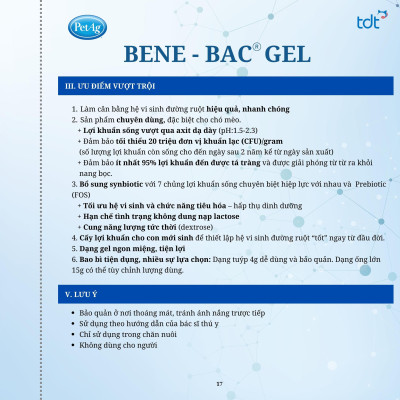 [ 15G ] MEN VI SINH DẠNG GEL - BENE-BAC GEL BỔ SUNG LỢI KHUẨN&TĂNG CƯỜNG MIỄN DỊCH CHO CHÓ MÈO