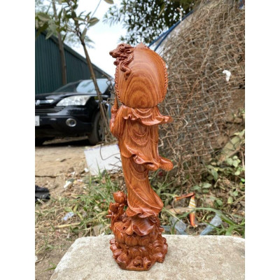 Tượng phật bà quan âm bồ tát bằng gỗ hương đá liền khối  kt 30×9×10cm