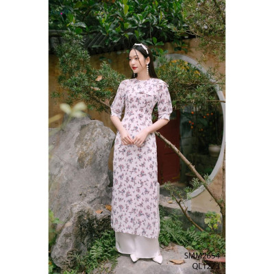 Áo dài cách tân nền hoa, tay lỡ, cổ tròn đính nơ 2 lớp dày dặn EMSPO SMM2654