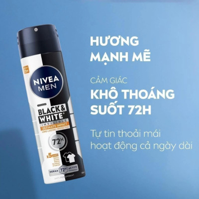 Xịt Ngăn Mùi NIVEA MEN Black & White Ngăn Vệt Ố Vàng Vượt Trội 5in1 (150ml) - 85388