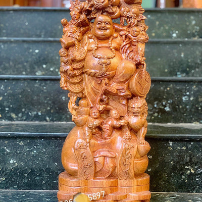 Tượng phật di lặc ngũ phúc bằng gỗ hương đá  kt cao 60×24×14cm