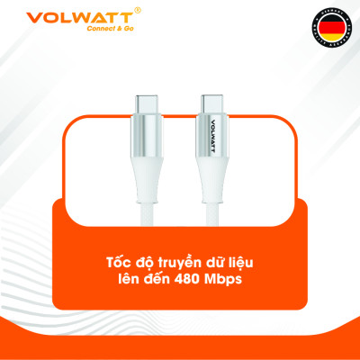 Cáp sạc siêu nhanh 60W Volwatt GE-S16-CC hàng chính hãng | Cáp Type-C to Type-C truyền dữ liệu 480Mbps, dây bện, dài 1m | BH 12 tháng