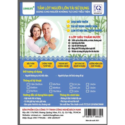 Tấm lót chống thấm cho người già LONGLIFE size trải giường 1,2x2m - 1,4x2m - 1,6x2m - 1,8x2m - 2,2x2m