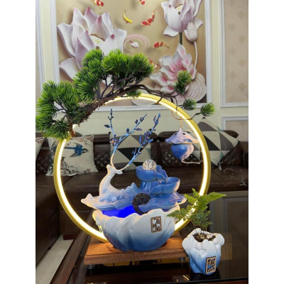 Hươu Bình An Thác Nước Phong Thủy, Đài Thưởng Trầm Phun Nước Kèm Đèn Led Cao Cấp
