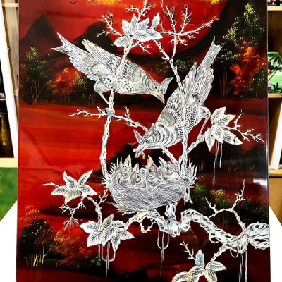 Tranh sơn mài - HOA, TRÚC - Khảm cừ cao cấp size 40x60 thích hợp trang trí, làm quà tặng,...