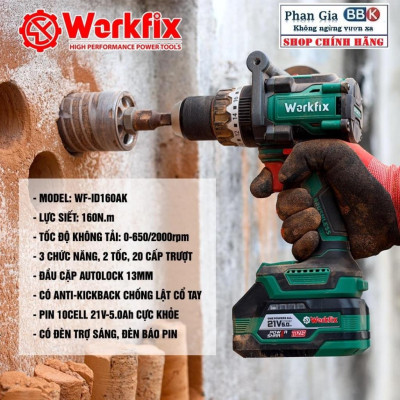 Máy Khoan pin 3 chức năng WORKFIX 160N (WF-ID160AK) Không chổi than, Có AnTi-Kick Back , Bảo hành chính hãƞg.