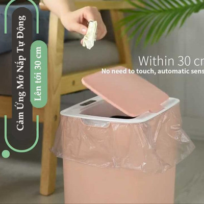 Thùng Rác Cảm Ứng Tự Động Thông Minh Pin Sạc Cổng USB Bản Nâng Cấp 2022 Cảm Ứng Kép 3 Chiều Dung tích 14L Chống Nước Tốt