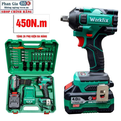 Máy Siết Bulong Pin 21V WORKFIX Pin 10 Cell - Lực Siết 450Nm 100% Lõi Đồng Động Cơ Không Chổi Than (Bảo Hành 1 Năm)