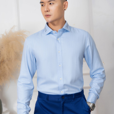 Áo sơ mi nam dài tay ALIGRO 100% chất bamboo Màu Xanh phối cổ bẻ dáng ôm body ALGS214