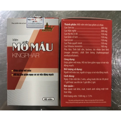 Viên mỡ máu Kingphar, hộp 40v, hỗ trợ hạ mỡ máu, giảm nguy cơ xơ vữa mạch máu