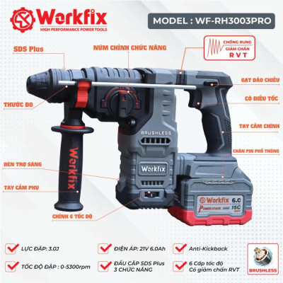 Máy khoan đục bê tông pin WORKFIX WF-RH3003PRO, Anti-kickback, giảm rung chấn RVT, 3 chức năng, 6 tốc độ