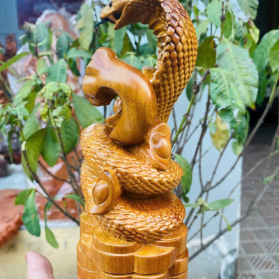 Tượng con rắn phong thủy cầu tài lộc bằng gỗ bách xanh cao 20x10x8cm 
