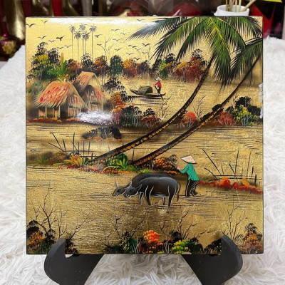 Tranh sơn mài đồng quê vẽ vàng, hàng xuất khẩu 30x30 cm