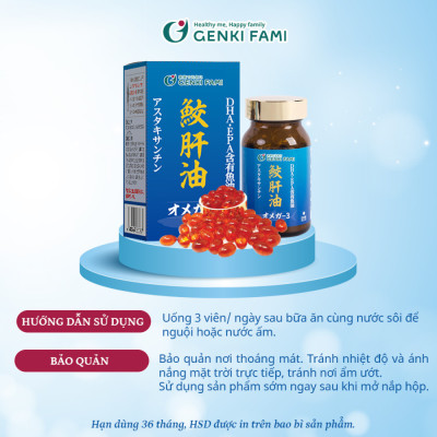 Dầu Gan Cá Mập Omega 3 Astaxanthin Genki Fami Nhật Bản, Bổ Mắt, Bổ Não Tốt Cho Tim Mạch Hộp 90 viên