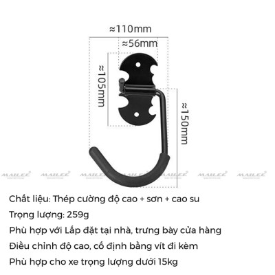 Móc treo xe đạp địa hình nằm dọc (bản lề rộng) gắn tường BG-259, giá trưng bày xe đạp móc sắt - Mai Lee