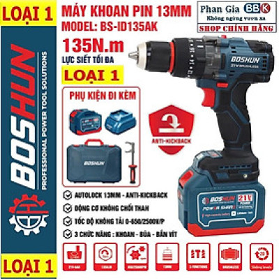 Máy [chính hãƞg] Khoan Pin BOSHUN BS-ID135AK , Anti-kickback, Động cơ Không chổi than 135Nm, 13mm, 3 chức năng