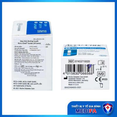 Hộp 50 que thử đường huyết Accu-Chek Guide chính hãng Roche, có tem nhập khẩu và nhãn phụ Tiếng Việt