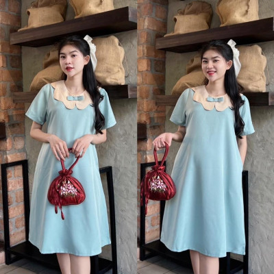 Đầm bầu công sở cổ sen phối nơ chất cotton lạnh phom suông gọn dáng thanh lịch