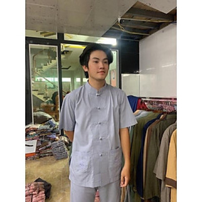 Đồ đi chùa nam cổ trụ thêu túi ngắn tay, đồ lam đi chùa nam