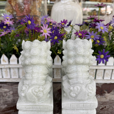 Cặp tượng Kỳ Lân phong thủy đá trắng xanh - Cao 15 cm