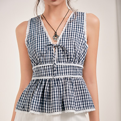 Áo dáng babydoll nữ caro phối ren dáng babydoll tiểu thư Erina Miều Est.2013