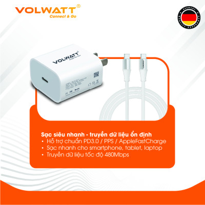 Bộ củ cáp sạc nhanh Volwatt GE-20-SCC 20W hàng chính hãng | Adapter PD Type-C + Cáp Type-C to Type-C 60W, dài 1m – BH 12 tháng