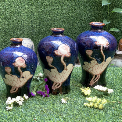 Set lọ hoa men hỏa biến xanh dáng đùi dế