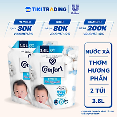 Combo 2 Túi Nước Xả Vải Comfort Thơm Hương Phấn Dịu Nhẹ Cho Cả Gia Đình 3.6L