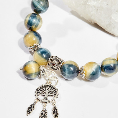 Vòng tay phong thủy đá mắt ưng charm dreamcatcher 10mm mệnh thủy , mộc - Ngọc Quý Gemstones