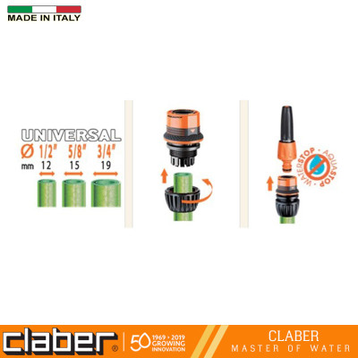 Vòi xịt tưới cây và khớp nối nhanh Claber 8536 -8458, vòi có van khóa, 2 chế độ, khớp nối nhanh kết nối 3 cỡ ống 12-15-19mm