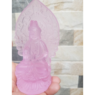 Tượng Phật Bà Quan Âm Mới Đá Lưu Ly Hồng Để Trong Xe Hơi hoặc trên bàn cao 12cm đk 7cm đế 5cm hợp Anh Chị Mệnh Hỏa mệnh Thổ ạ