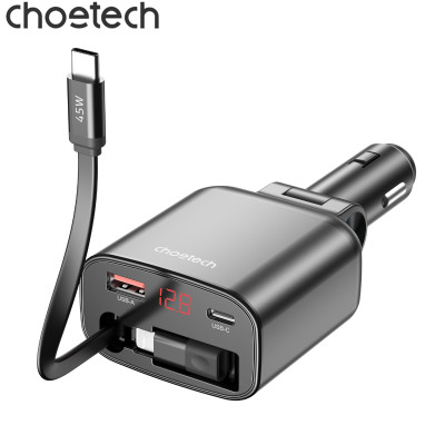 Tẩu sạc ô tô đa năng 105W Choetech TC0033 tích hợp cáp sạc rút Type C và đầu nối iP - Hàng chính hãng