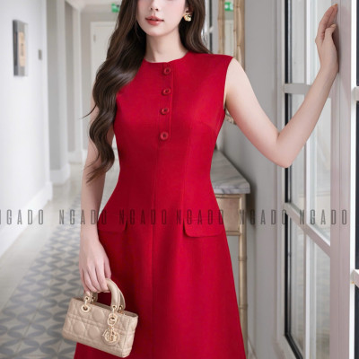 Đầm đỏ sát nách phối nút NGADO , đầm nữ , đầm công sở , dự tiệc