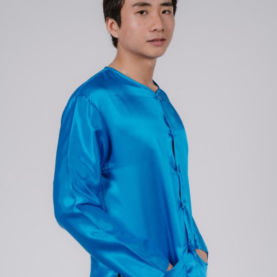 Bộ áo bà ba nam phối áo phi xanh dương + Quần phi đen - Có bộ bà ba Bigsize