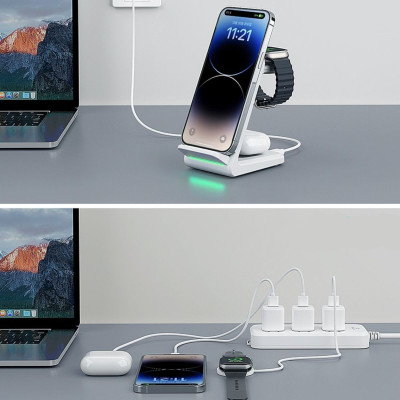 Đế sạc Choetech T608 nhanh không dây 3 in 1 công suất 15w có thể tháo rời- Hàng chính hãng