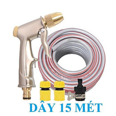 Bộ dây vòi xịt nước rửa xe, tưới cây đa năng, tăng áp 3 lần, loại 15m 206701-1 đầu đồng,cút,nối đen+ tặng đai