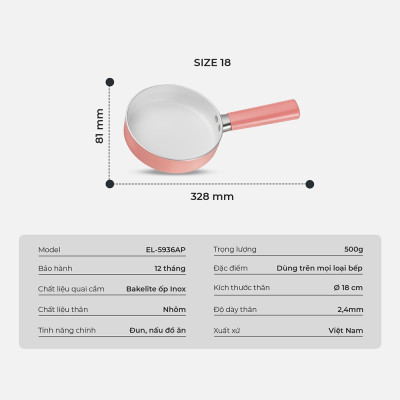 Chảo nhôm tráng sứ chống dính an toàn Elmich Baby EL-5935AP 16cm 18cm, Hàng chính hãng, đáy từ - JoyMall