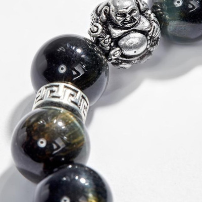 Vòng tay thạch anh mắt hổ xanh đen phối charm phật di lặc (12mm) Ngọc Quý Gemstones