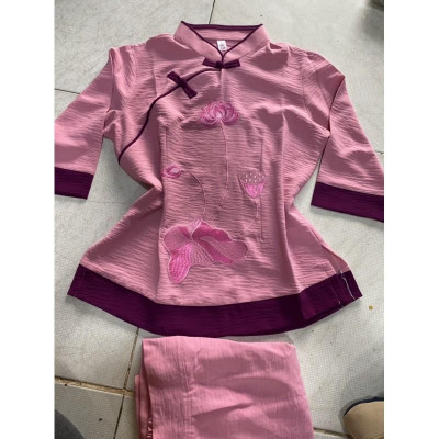 Đồ Lam Đi Chùa # Sẫm 2Nút Hoa Thêu Phối Vải Đũi