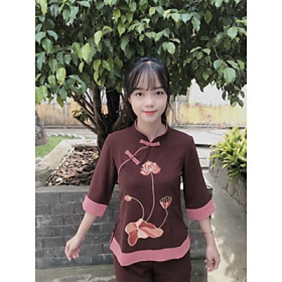 ĐỒ LAM ĐI CHÙA  Mầu Đài Loan Thêu Hoa Sen