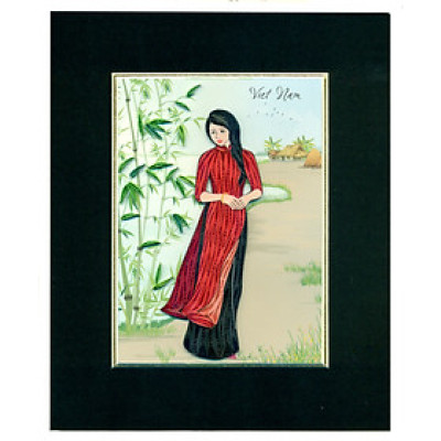 Tranh Giấy Xoắn Nghệ Thuật size 20x25cm - Cô Gái Bên Tà Áo Dài Đỏ.