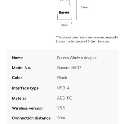 Usb Blueeoth 5.3 Tốc Độ Cao Kết Nối 5 Thiết Bị Cùng Lúc Baseus BA07 Bluetooth Receiver Dùng Cho Win 8.1 Trở Lên - Hàng Chính Hãng