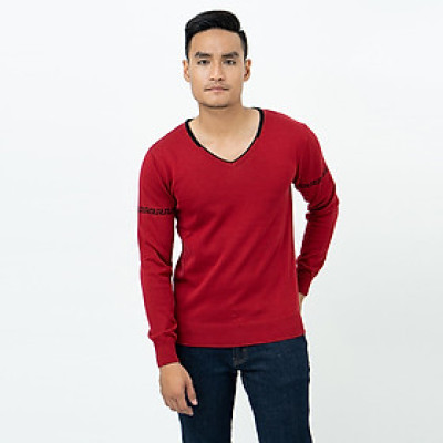 Áo len nam dài tay cổ tim màu  đỏ đô  NOVELTY 180573I