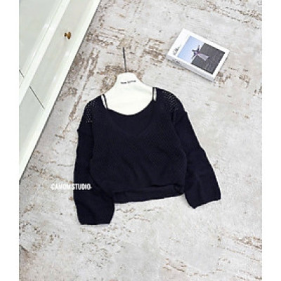 Áo Len Nữ 2 Món Cổ Tim Dáng Ngắn Móc Lỗ