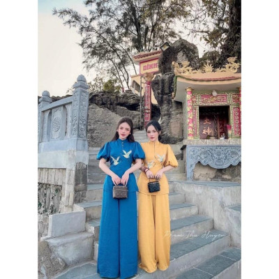 Set đồ lam đi chùa cách tân thêu tay phồng có đính hạt