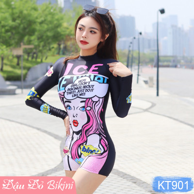 Bộ Đồ Bơi  Nữ  Liền Thân Quần Đùi Tay Dài, Chống Nắng Tối Ưu, Khóa Kéo Sau Tiện Lợi, Chất Vải Thun Lạnh Co Giãn Cao, Nhanh Khô - Phom Dáng Ôm Gọn, Tôn Dáng | KT901