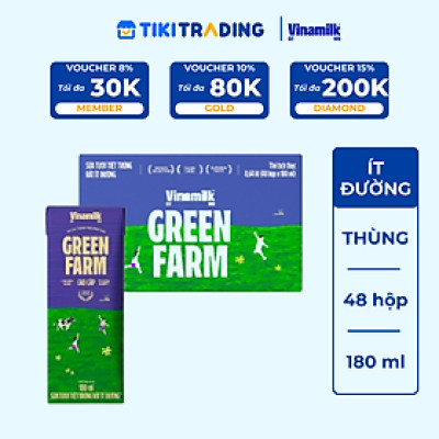 Thùng 48 Hộp Sữa Tươi Tiệt Trùng Vinamilk Green Farm Rất ít đường - Lốc 4 Hộp 180ml